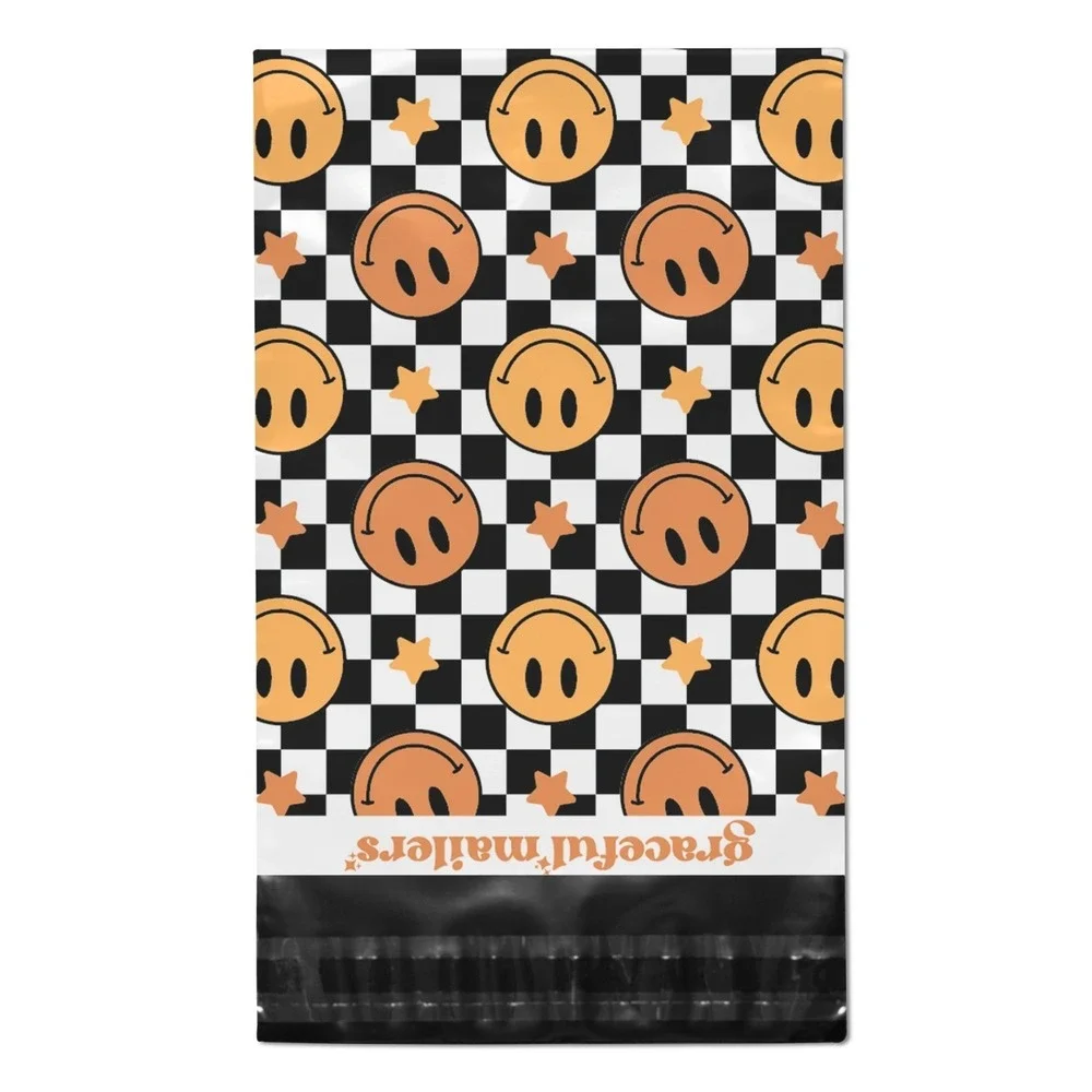 Checkered Smiley Faces Poly Mailers 10x13 Inch 100 Pack Shipping Supplies Orange